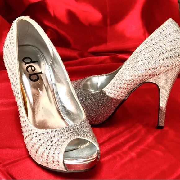 DEB Sparkly Silver Rhinestoned Peep Toe Stiletto High Heel Pumps~Wedding Prom~7 - Picture 4 of 12